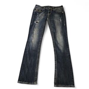 Y2K Vigoss Chelsea Straight Distressed Blue Jeans Women’s 7/8 Rhinestones Bling